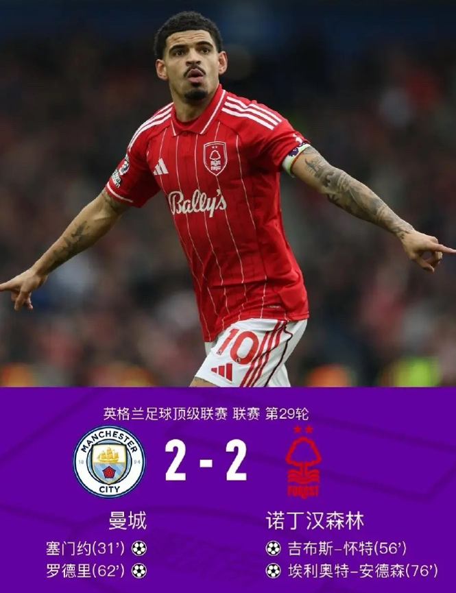 开云-曼城2-2森林复盘，哈兰德低迷和争议判罚，蓝月亮一项数据致命